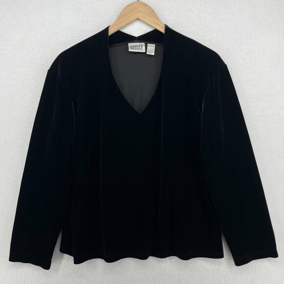 CHICOS Top 3 XL DESIGN Velvet Velour V-Neck Long Sleeve Blouse Black USA VTG - Picture 1 of 13